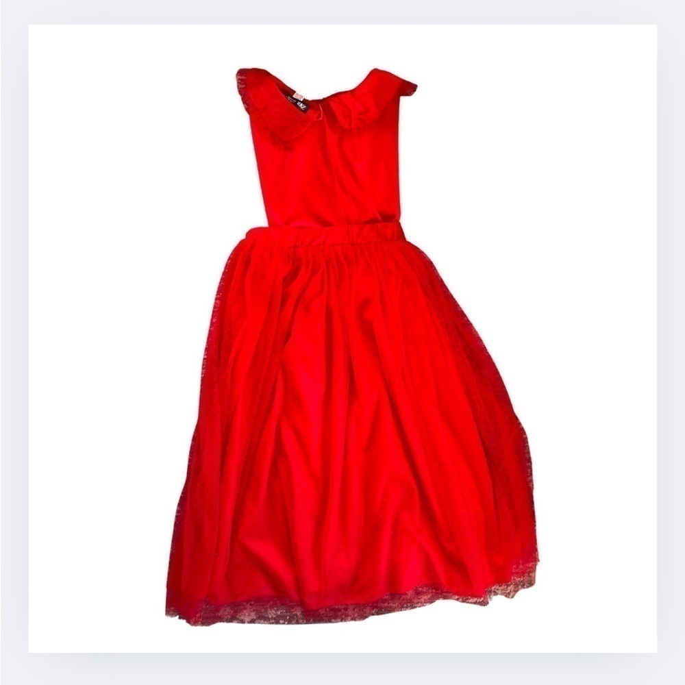 Zara Red Polka Dot Tulle & Velvet Dress with Cape - Picture 3 of 12